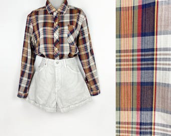 80s vintage primary colors plaid women's western long sleeve shirt Medium Cotton Plaid Blouse Plaid Button Blouse 90s Clothing Country Club