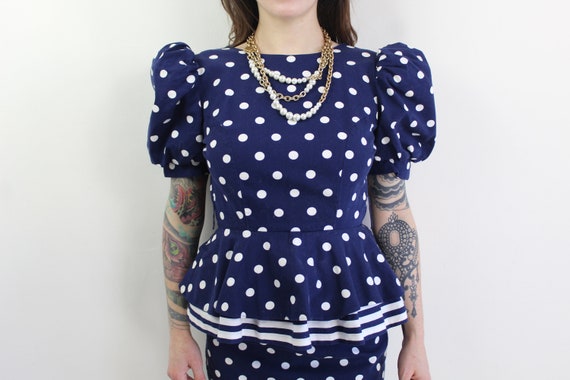 80s does 40s navy polka dot peplum dress, Size 4,… - image 7