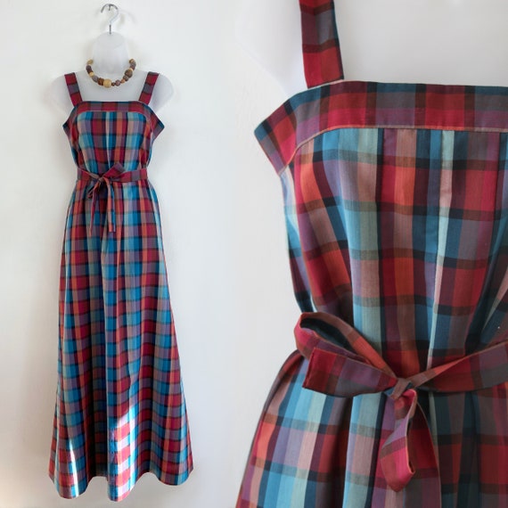 70s jewel tone plaid sleeveless shift maxi dress,