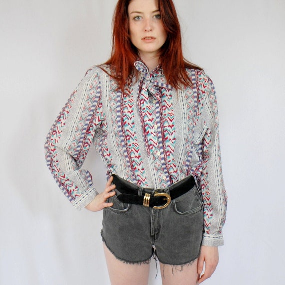 90s VINTAGE southwestern print bow blouse, Medium… - image 1