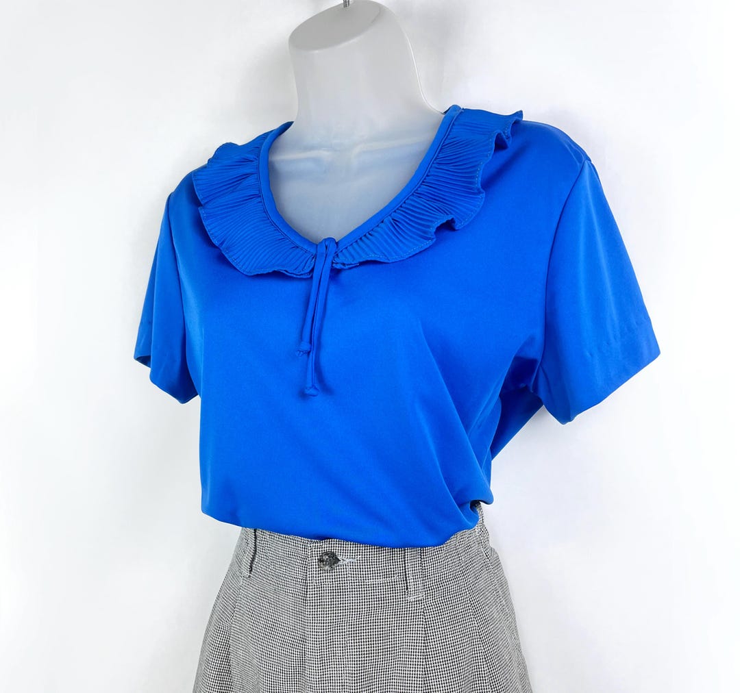 80s Vintage Blue Polyester Short Sleeve Blouse With Neck Ruffle Small ...