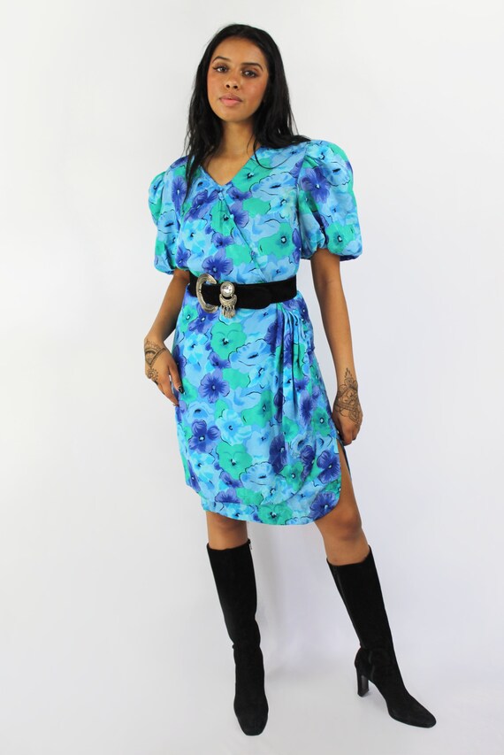 90s blue floral watercolor silk wrap dress, Ballo… - image 5