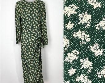 90s vintage green floral drop waist dress with side tie, Small Medium, Floral Wrap Dress, Holiday Party, Christmas Dress, Spring Green