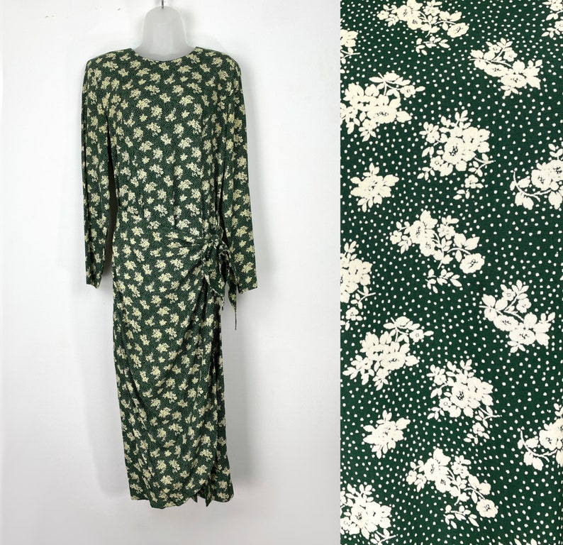 90s vintage green floral drop waist dress with side tie, Small Medium, Floral Wrap Dress, Holiday Party, Christmas Dress, Spring Green image 1