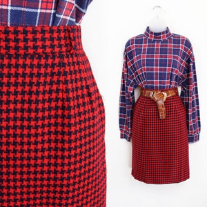90s red and navy houndstooth plaid wool pencil skirt, Size 8, 28 inch waist, 1950s, Wanda Woodward, Winter Skirt, Christmas Party, 50s Style
