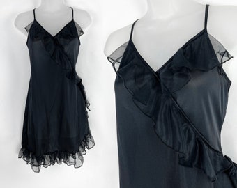 80s vintage sheer black ruffle negligee Medium Lingerie as Wear Victorian Romantic Boudoir Babydoll Black Slip Dress Ruffle Slip Layering