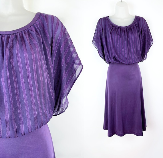 70s vintage plum purple sheer cap sleeve overlay midi… Gem