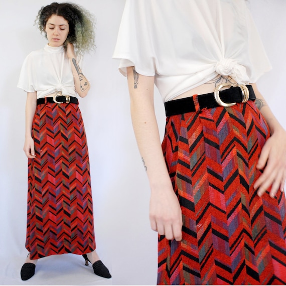 70s VINTAGE red chevron maxi pencil skirt, 24 inch