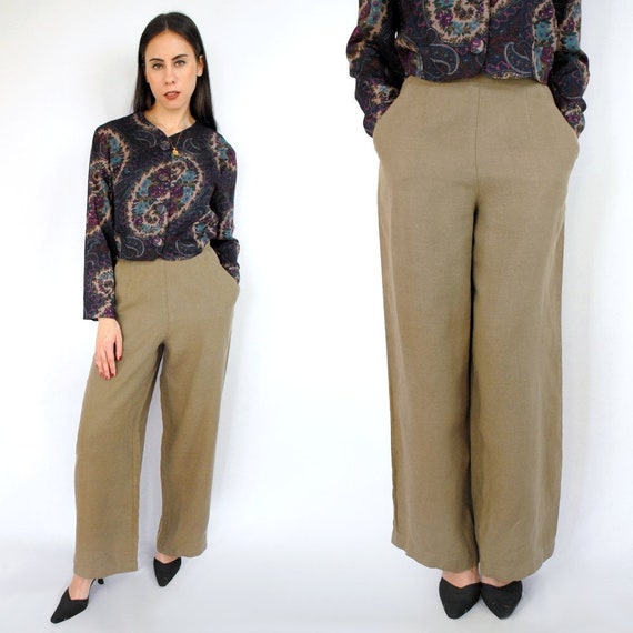 90s GAP LINEN TROUSERS / taupe linen wide leg crop