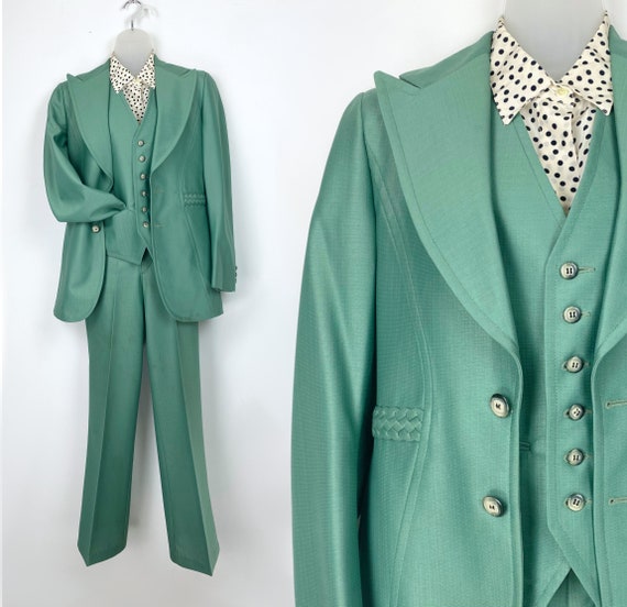 70s vintage seagreen three piece suit set with wa… - image 1