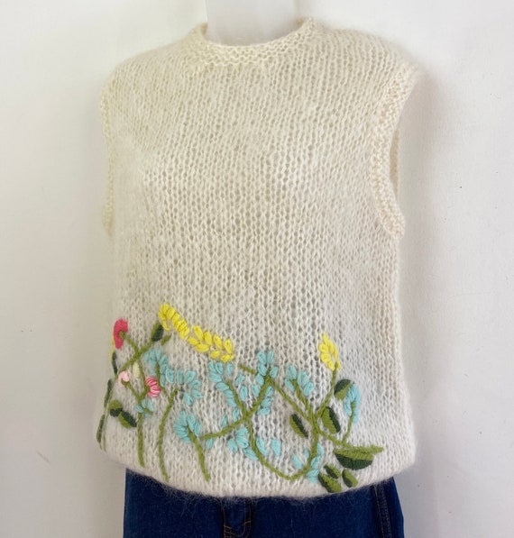 70s cream mohair wool vest with floral crewel wor… - image 3