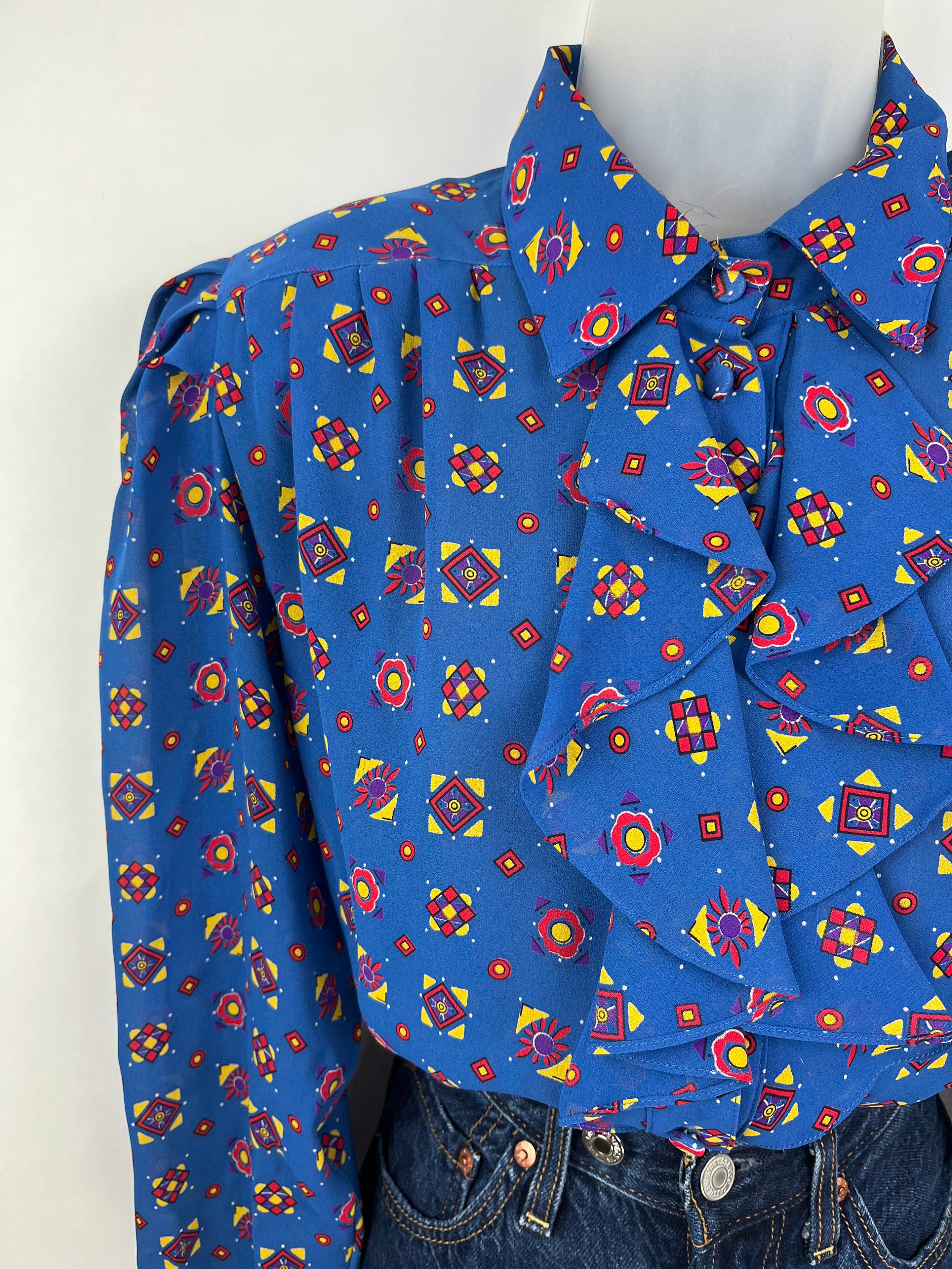 80s Vintage Blue Red Yellow Patterned Collared Ruffle Blouse Size 10 ...