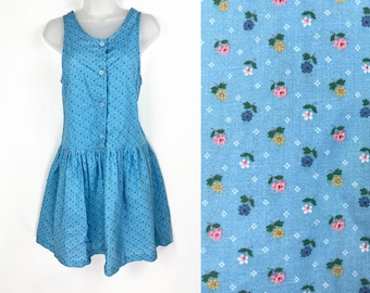 Minifalda con estampado floral en azul cielo vintage de los años 80 o 90 Vestido corto con estampado floral azul Conjunto de primavera Cottagecore Honeycore Farmcore Milkmaid