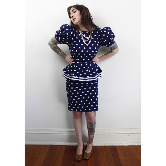 80s does 40s navy polka dot peplum dress, Size 4,… - image 2