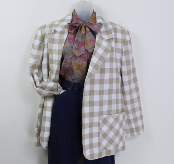 90s vintage beige and white box plaid blazer, Siz… - image 2