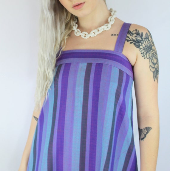 60s Vintage purple and blue striped retro smock d… - image 5