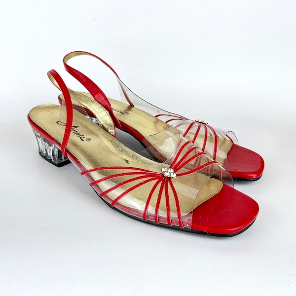 80S Red starburst clear Perspex slingback sandals with clear block heel Size 8.5 Red Slingbacks Salsa Dancing Shoes Formal Shoes Homecoming
