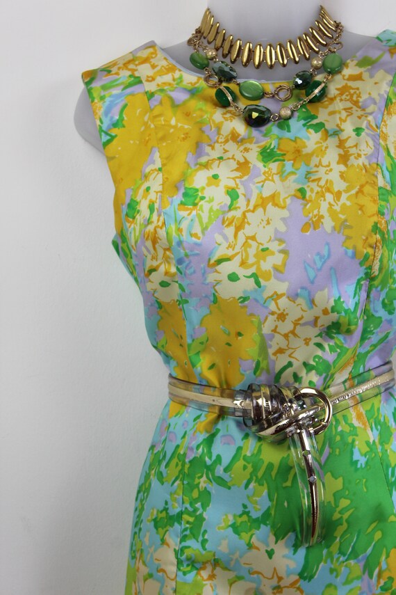 60s Vintage neon floral print sleeveless sheath d… - image 6