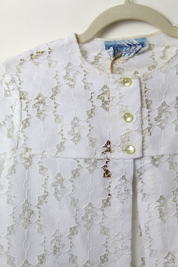 80s white floral eyelet lace smock top, Small Med… - image 4