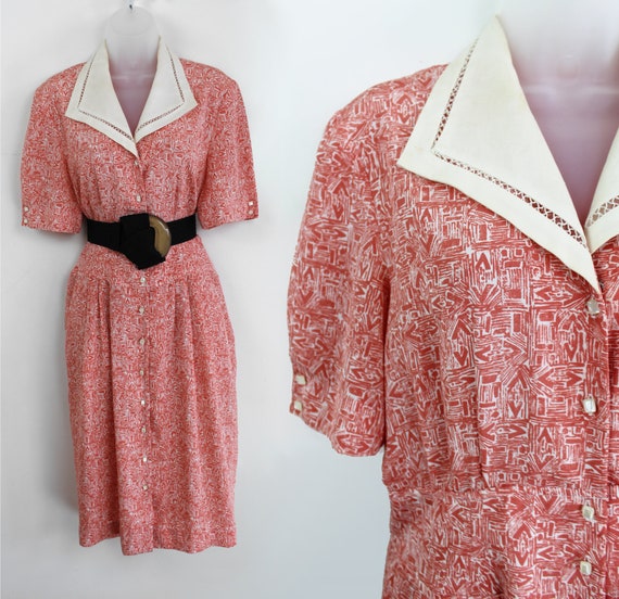 90s vintage peach pink patterned midi dress with … - image 1