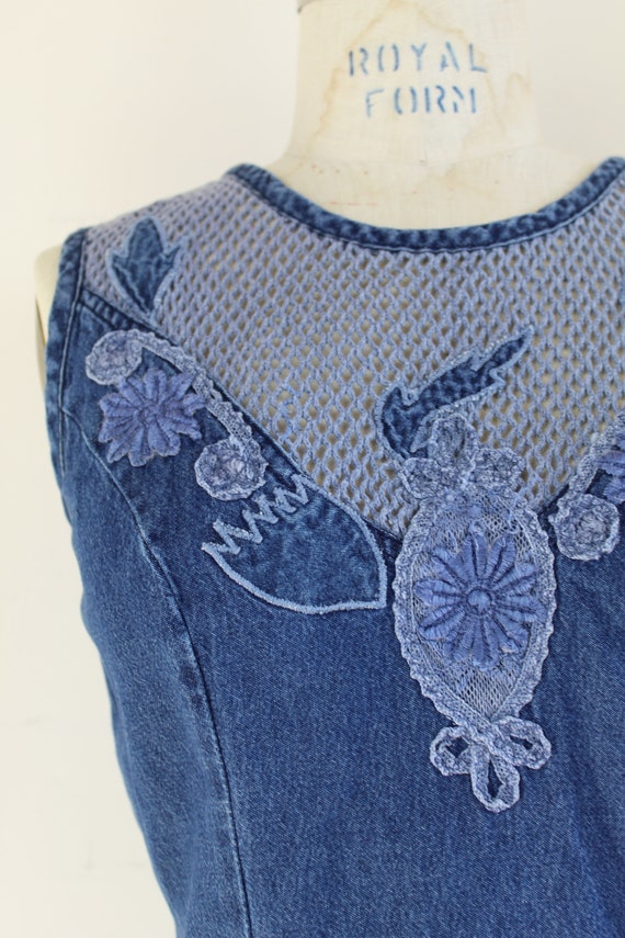 90s Vintage fitted denim mini dress with crochet … - image 3