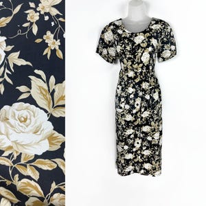 90s vintage black and beige rose print short sleeve midi babydoll dress Medium 90s Soft Grunge 90s Floral Dress 90s Clothing 90s Aesthetic