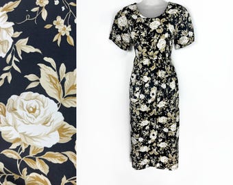 90s vintage black and beige rose print short sleeve midi babydoll dress Medium 90s Soft Grunge 90s Floral Dress 90s Clothing 90s Aesthetic