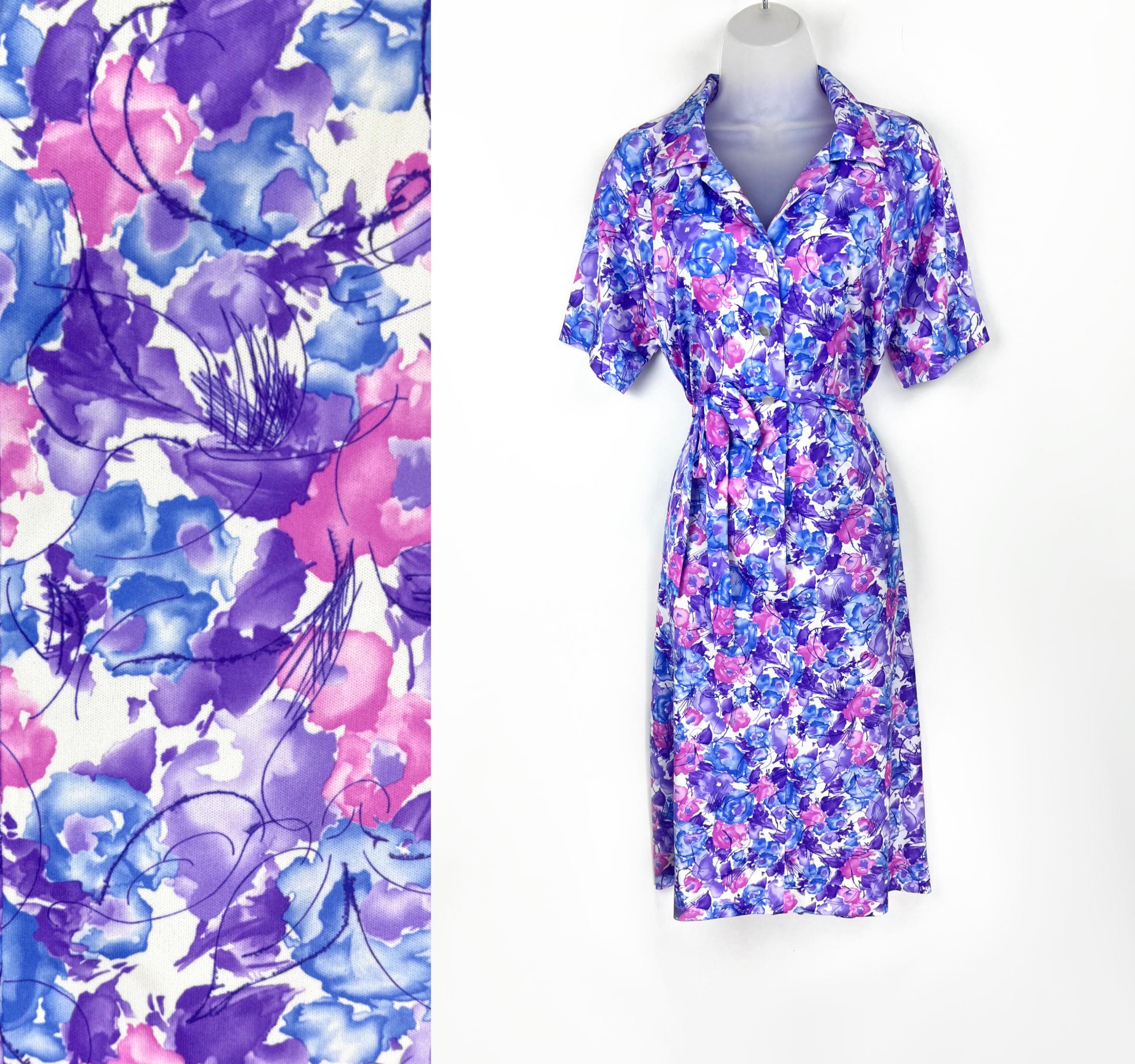 80s vintage purple and pink abstract floral polyester shirtdress Medium Large XL Size 18 Plus Size 80s Dress 1980s Fashion 80s Clothing