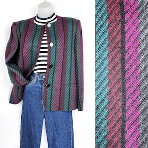90s vintage jewel tones striped boxy collarless blazer Medium Large Light Academia Cropped Blazer Striped Blazer 90s Clothing Career Blazer