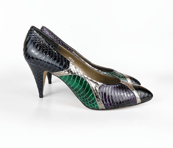80s Vintage Purple Green Navy Color Block Reptile Stiletto Pumps
