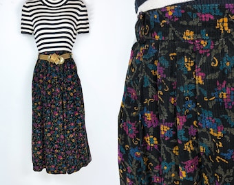 90s vintage black jewel tone floral corduroy midi skirt Size 8 27 inch waist LL Bean Floral Corduroy Skirt Cottagecore Honeycore Hodge Podge