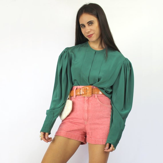 80s teal green pleated bishop sleeve blouse, Larg… - image 2