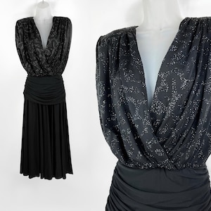 80s vintage black sleeveless plunging neckline midi dress with ruched waist Size 8 Small Dress for Wedding 1980s Glam 80s Cocktail Dancing