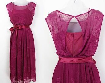 70s style fuchsia crochet overlay midi dress, Small, Dress for Wedding, Valentine's Day, Raspberry, Retro Prom, 70s Prom Dress, 90s Clothing
