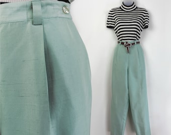 90s seafoam celadon green silk dress trousers, Size 8, 29 inch waist, High Waist, Silk Pants, Silk Dress Pants COCKTAIL, 90s Aesthetic VSCO