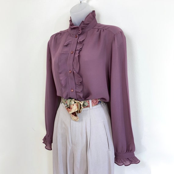 80s sheer mauve high neck ruffle button blouse, M… - image 1