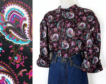 70s vintage purple and pink paisley ruched poly blouse, Medium Large, Paisley Blouse, 70s Poly Blouse, Brady Bunch, 70s Clothing, Retro Top