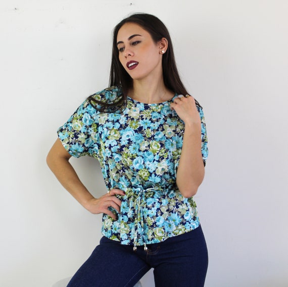 70s blue and green floral peplum top with drawstr… - image 2
