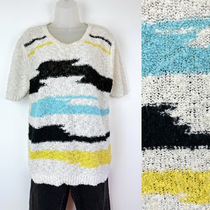 80s vintage cream yellow blue black abstract bouclé sweater Normcore Cottagecore Summer Sweater Large 80s Vintage Sweater 90s Aesthetic VSCO
