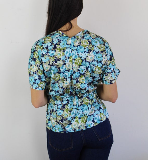 70s blue and green floral peplum top with drawstr… - image 10