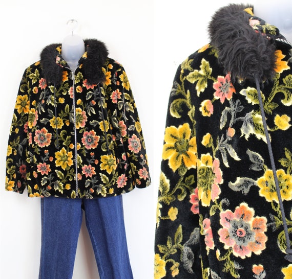 60s black floral print plush carpet coat with fau… - image 1