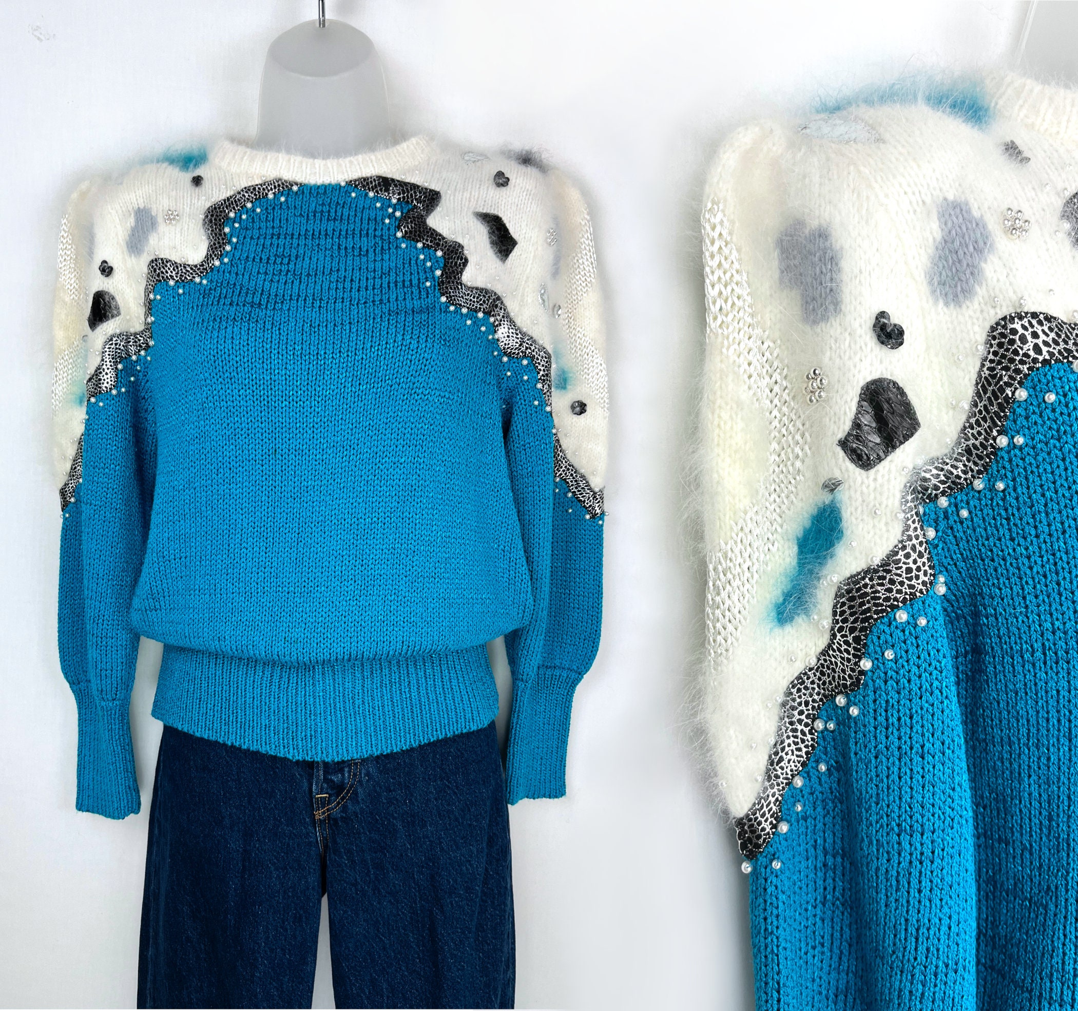 ニット+セーター circa 1980's VINTAGE Bijou Angora Knit 80s Vintage Cerulean Blue and White Angora Patchwork