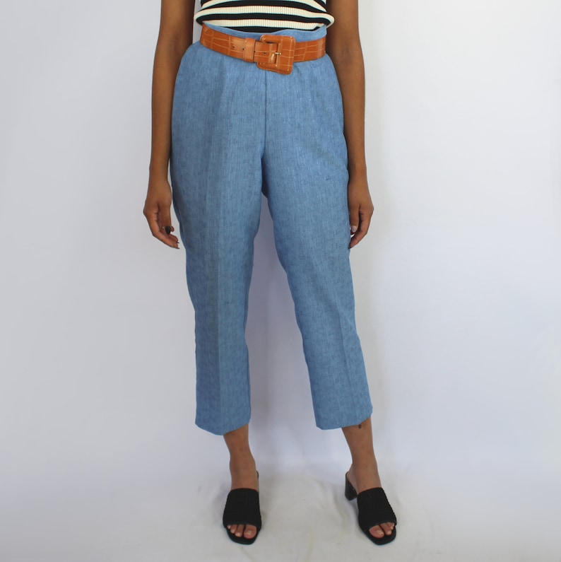 blue slacks cropped pant office wear 90s clothing size 10 28 inch waist 90s trousers 90s baby blue high waist high rise dress capris