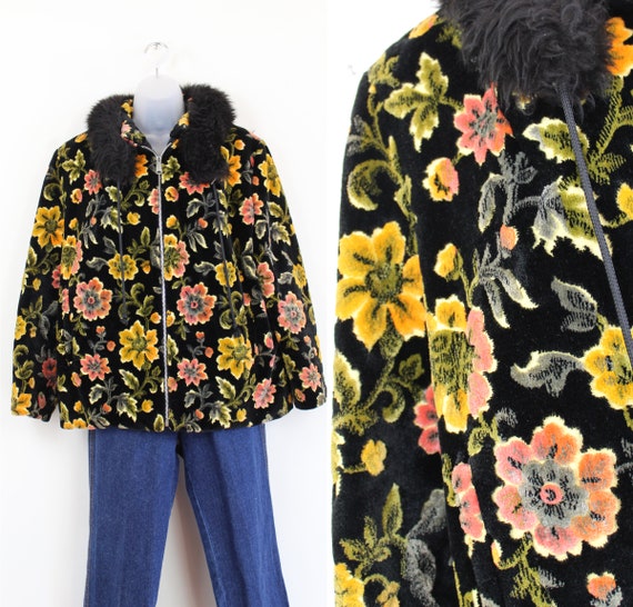 60s black floral print plush carpet coat with fau… - image 2