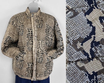 90s Snakeskin Print Silk Quilted Bomber Jacket, Large, Silk 90s Snakeskin Print Silk Quilted Bomber Jacket, Large, Silk