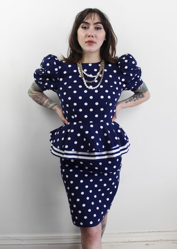 80s does 40s navy polka dot peplum dress, Size 4,… - image 4