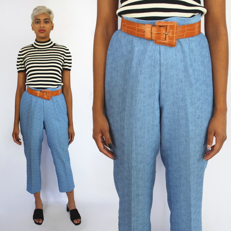 blue slacks cropped pant office wear 90s clothing size 10 28 inch waist 90s trousers 90s baby blue high waist high rise dress capris