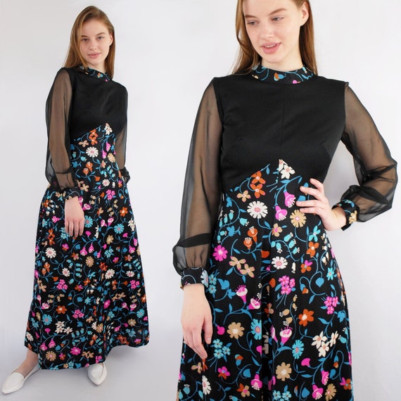 60s VINTAGE high neck maxidress with floral popar… - image 2