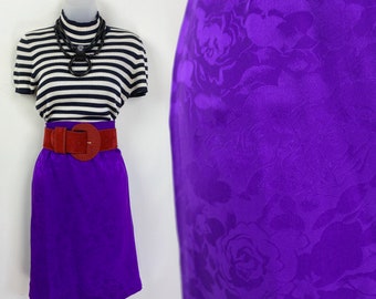 90s VINTAGE Violet purple Jacquard silk pencil skirt, Size 6, 25 inch waist, Purple Skirt, 90s Silk Skirt, 9 to 5, Indigo Purple, 90s Skirt