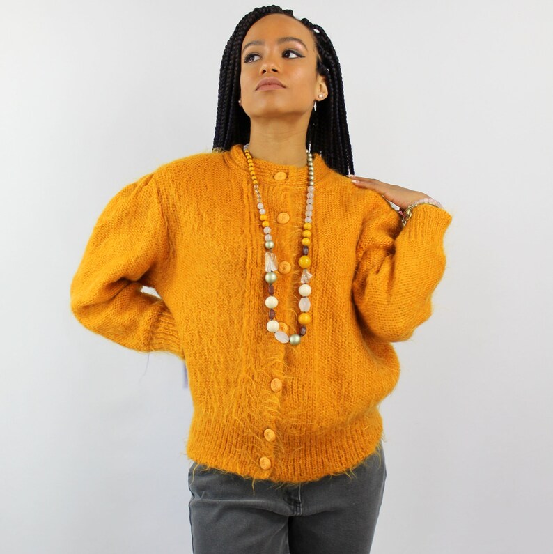 Fuzzy mohair sweater mustardgoldenrod sweater MOHAIR blend sweater cardigan mustard cardigan 1980s clothing 80s VINTAGE sweater **